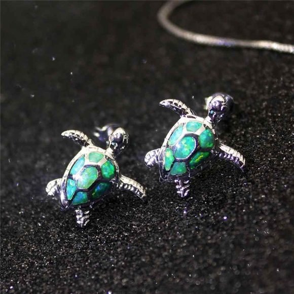 Elegant Green Fire Opal Sea Turtle Earrings - Picture 1 of 13